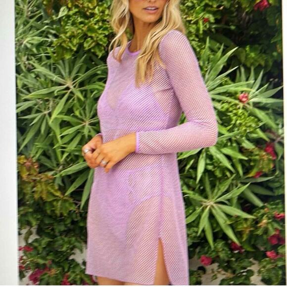 Becca Mesh Scoop Neck Long Sleeve Metallic Beach Coverup Dress Small - Picture 7 of 10